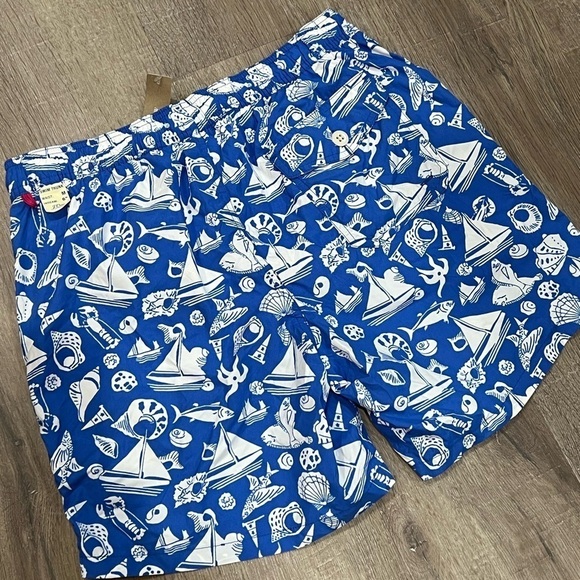 NWT J. Crew Size M 6” Stretch Swim Trunks Blue Lobster Sailboat Shell Summer - Picture 1 of 9